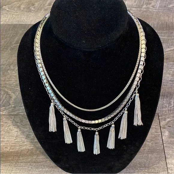 Silver Tassel Statement Necklace - Layered Boho 90s Y2K Holiday Glam - Picture 4 of 6